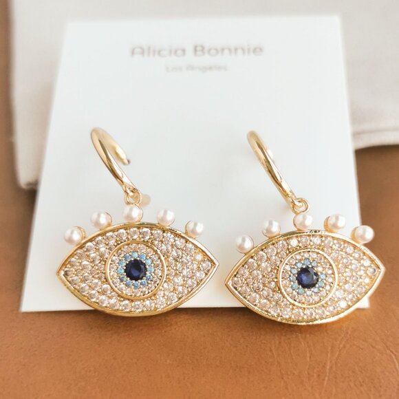 Alicia Bonnie | Sophia Evil Eye | Zirconia & Pearl Gold Drop Earrings - Picture 1 of 4